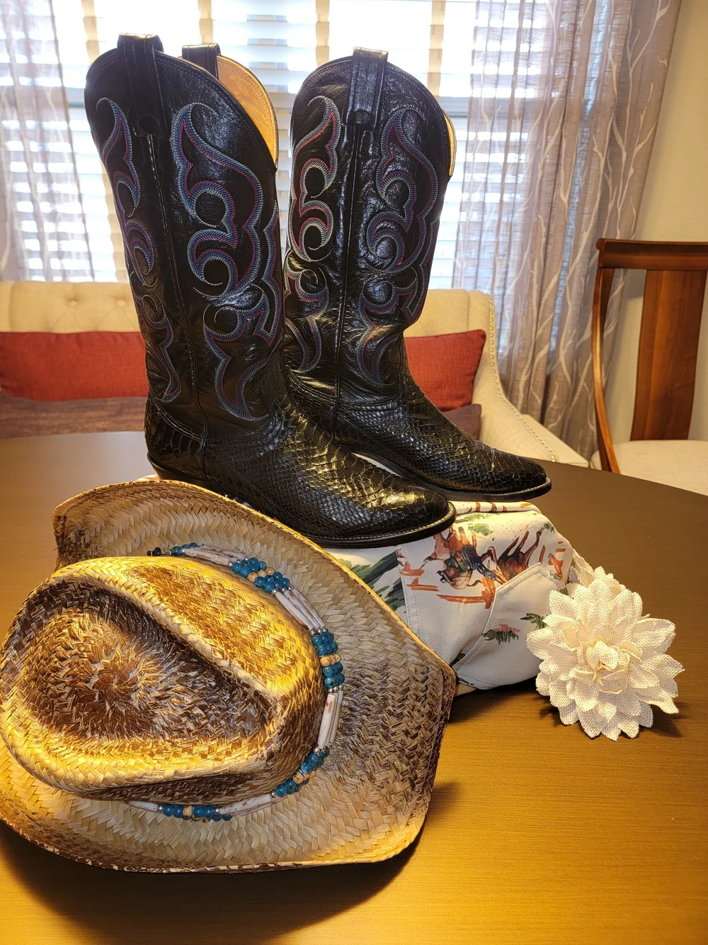 Black Western Snakeskin Cowboy Boots with Embroidered Accent -